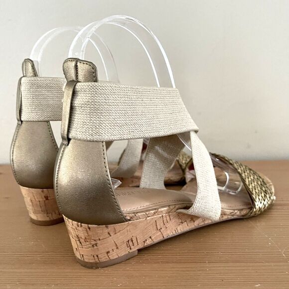 Ellen Tracy Boho Cork Wedge Ankle Sandals Size 7.5 Gold Woven Tan Elastic Straps - Picture 5 of 11